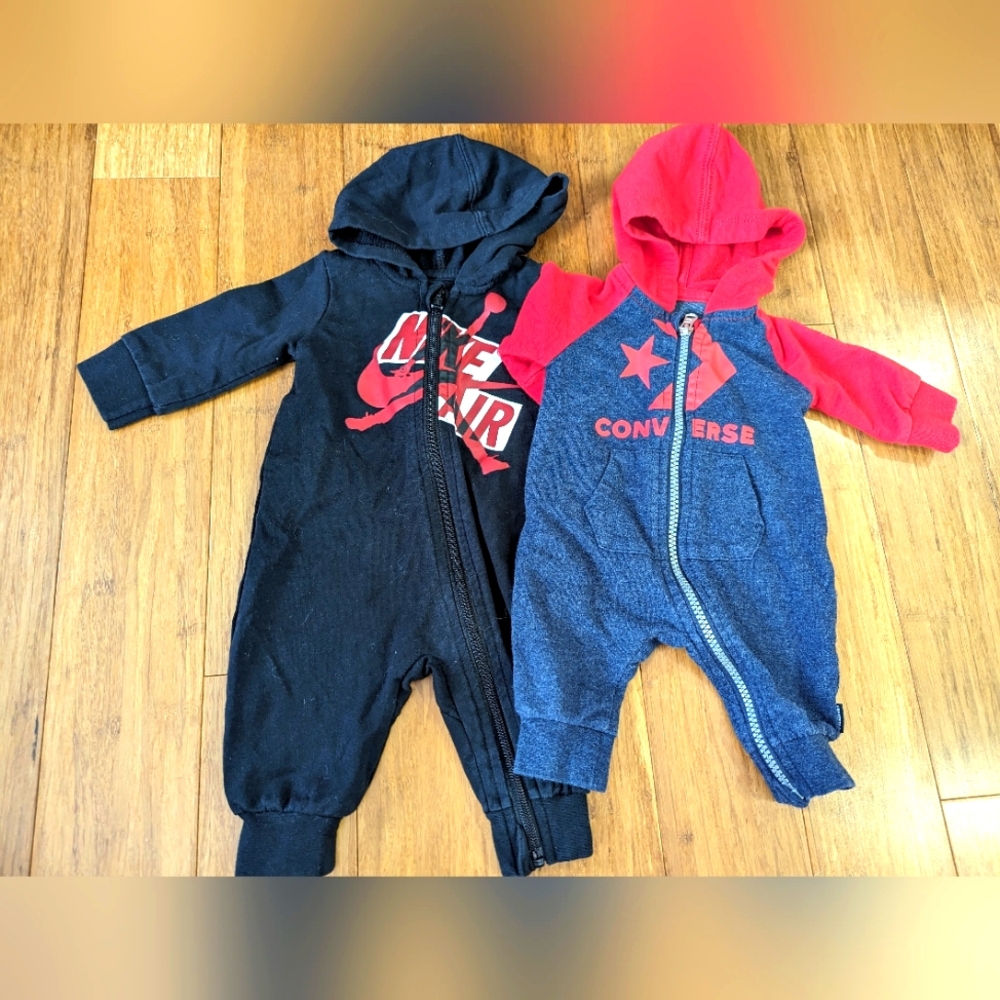2pc Baby one piece Converse and Nike zip up outfits.
